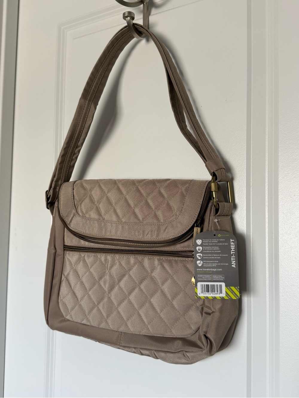Quilted Crossbody RFID Protection Travel Bag in Taupe